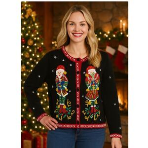 Vintage Christmas Cardigan Mr & Mrs Santa Scottish Embroidered Beaded Sz M